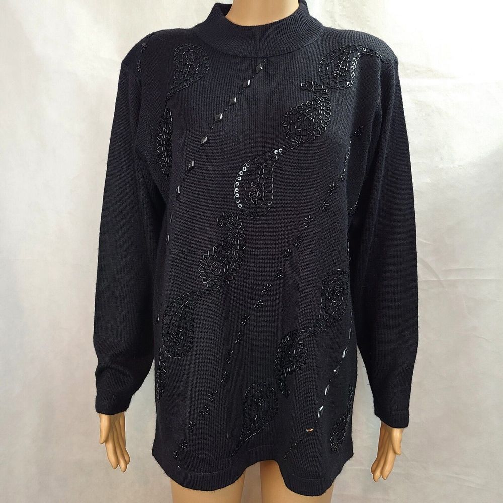 Alfred Dunner Women's (M) Black Tunic Sweater with Black Beaded Paisley Design